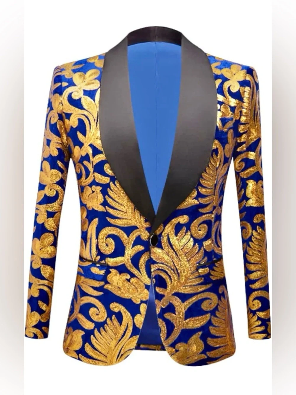 Macy's Cobalt Blue velvet Blazer with Gold Floral Jacquard